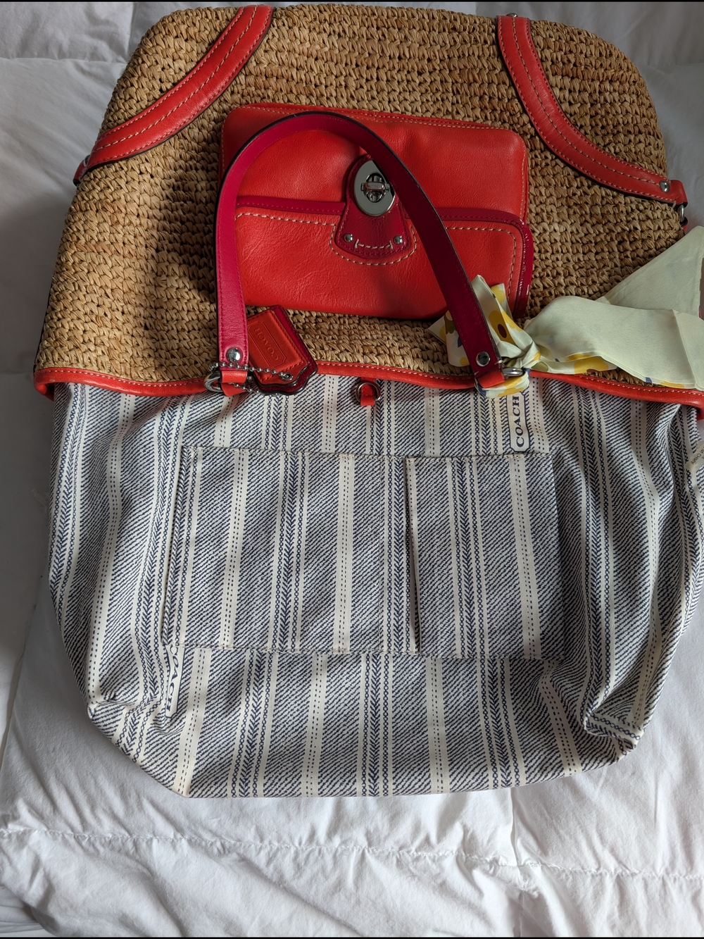 Coach Legacy Raffia Tote with Coral Leather Trim and Matching Wristlet - Picture 10 of 13